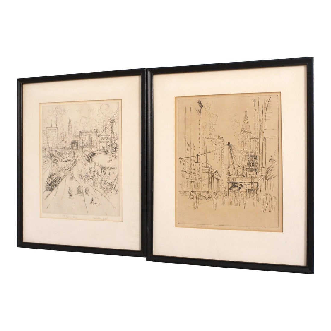 Salvatore Pinto Signed Framed City Etchings Pair Vintage Art: Salvatore Pinto Signed Framed City Etchings Pair Vintage Art This exquisite pair of framed and matted etchings by the artist Salvatore Pinto (1905-1966) showcases city scenes from approximately 100 ye