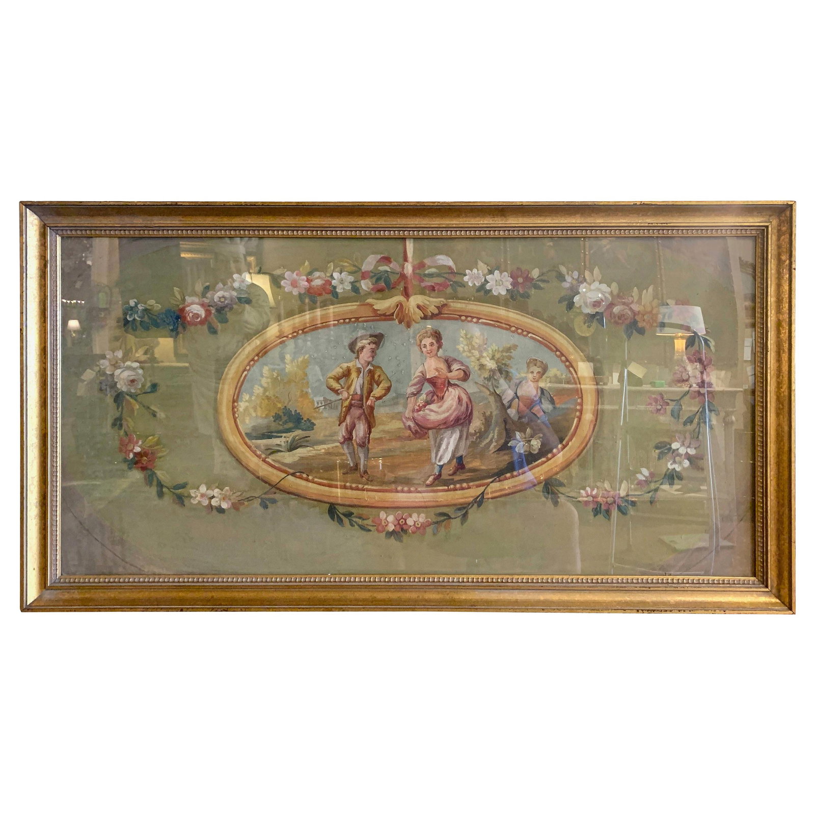 Mid-18th Century French Aubusson Gouache Courting Scene in Gilt Frame (1 of 8)