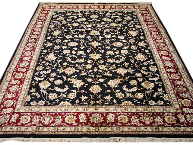 Luxurious 8' x 11.7' Black Burgundy Wool Silk Rug Handmade in China: Luxurious 8' x 11.7' Black Burgundy Wool Silk Rug Handmade in China Free continental US Shipping Elevate your home decor with this exquisite 8' x 11.7' Black and Burgundy Wool & Silk Rug. Expertly han