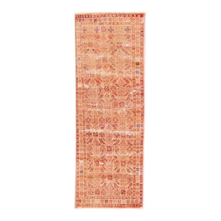 Vintage Handmade Floral Peach Wool Runner 3'7 x 10'5: Vintage Handmade Floral Peach Wool Runner 3'7 x 10'5 This exquisite vintage wool runner showcases a stunning hand-knotted floral design set against a soft peach background. The intricate geometric flo