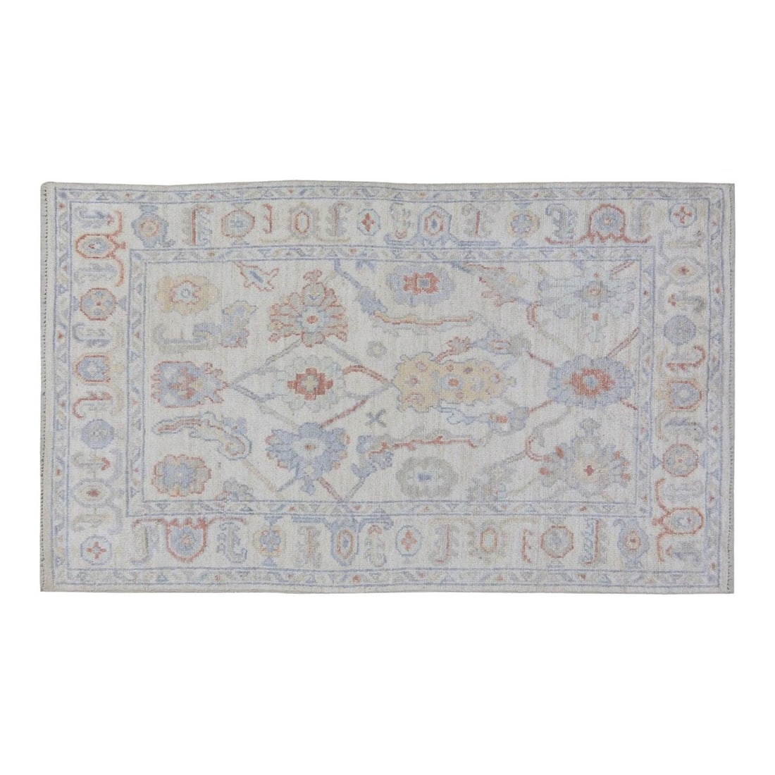 Slate Gray Wool Oushak Rug Hand Knotted Turkish 5'1" x 7': Slate Gray Wool Oushak Rug Hand Knotted Turkish 5'1" x 7' This Turkish Oushak rug is hand-knotted from wool using traditional techniques that showcase generations of artistry. Its versatile slate gray