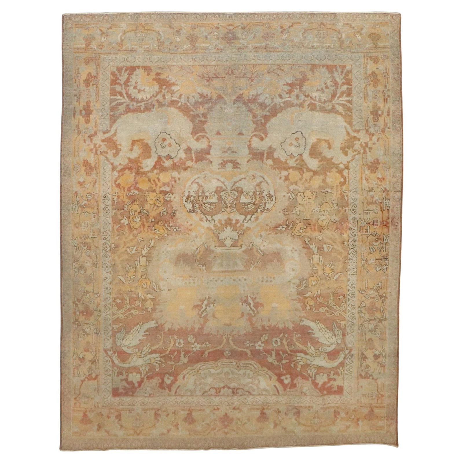 19th Century Antique Agra Animal Pictorial Hand-Knotted Wool Rug: 19th Century Antique Agra Animal Pictorial Hand-Knotted Wool Rug Discover the beauty of this 19th Century Antique Square Agra Pictorial Rug, a stunning example of traditional Indian craftsmanship. Han