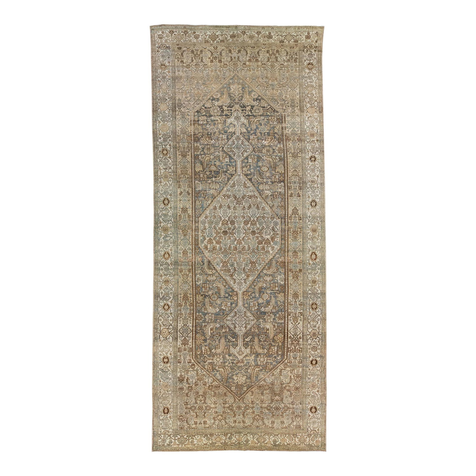 Handmade Antique Persian Hamadan Wool Rug Blue 6'9 x 16'2: Handmade Antique Persian Hamadan Wool Rug Blue 6'9 x 16'2 Discover this stunning handmade antique Persian Hamadan gallery wool rug featuring a captivating blue color field. Accentuated with intricate 