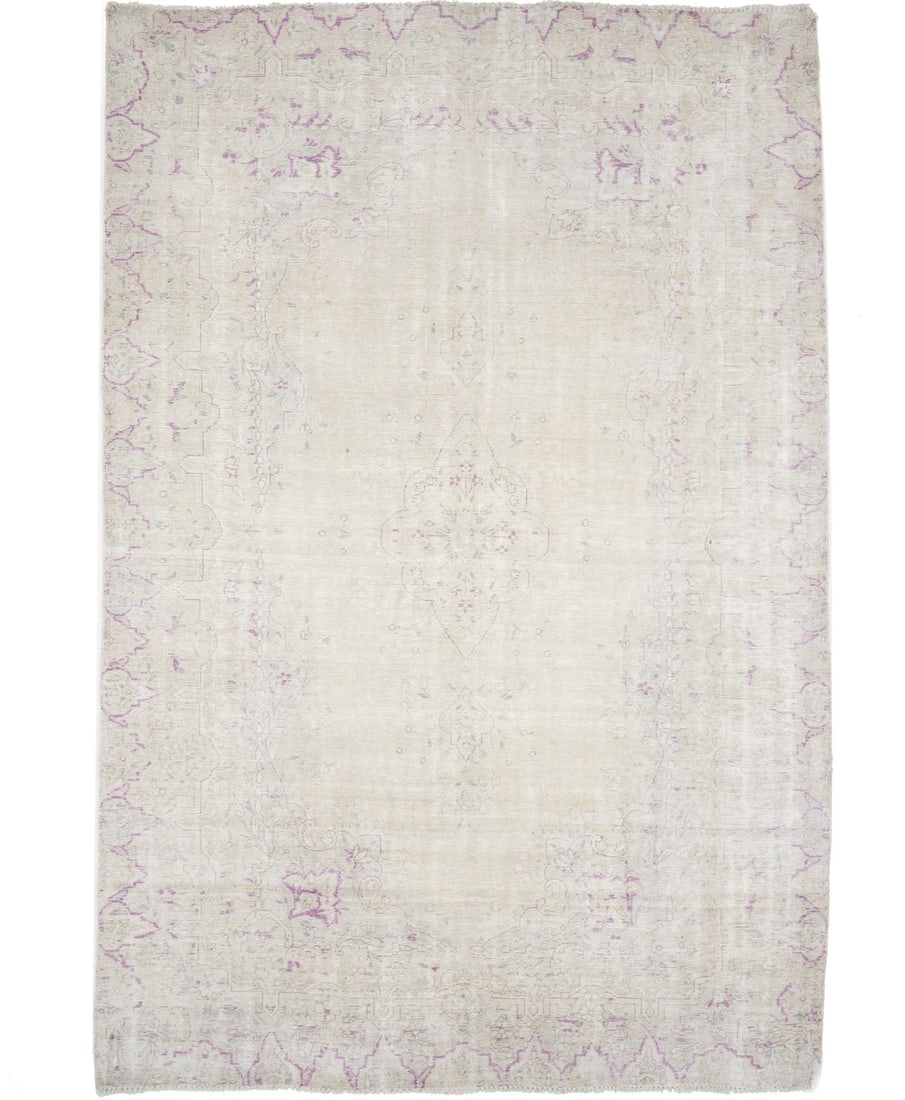 Hand-Knotted Wool Area Rug Floral Cream Beige Vintage 6'4 x 9'1 (1 of 14)