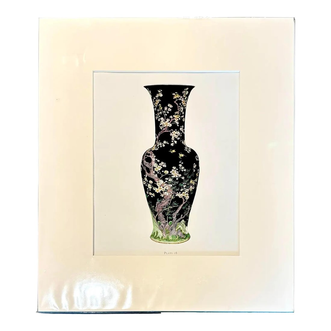 Chinese Porcelain Vase Art Print with Floral Branch Design: Chinese Porcelain Vase Art Print with Floral Branch Design This vintage Boho Chinese porcelain vase print features a striking deep black background highlighted by delicate flowering branches, lending 