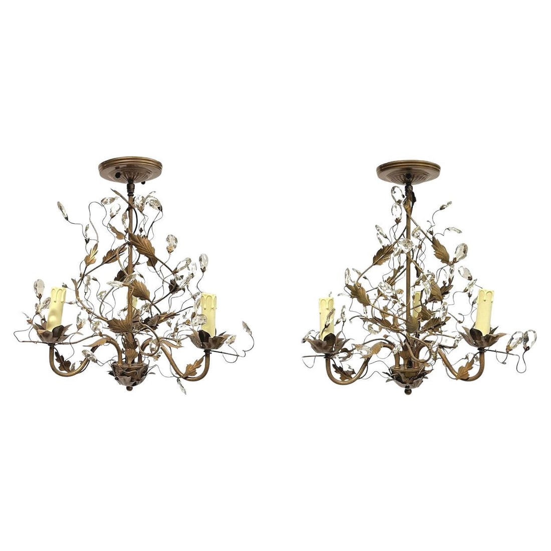 Set of 2 Patinated Metal and Glass Three-Light Belle Epoque Chandeliers: Set of 2 Patinated Metal and Glass Three-Light Belle Epoque Chandeliers This set includes two vintage Bagues style chandeliers crafted from patinated metal and adorned with faceted cut glass leaves. E