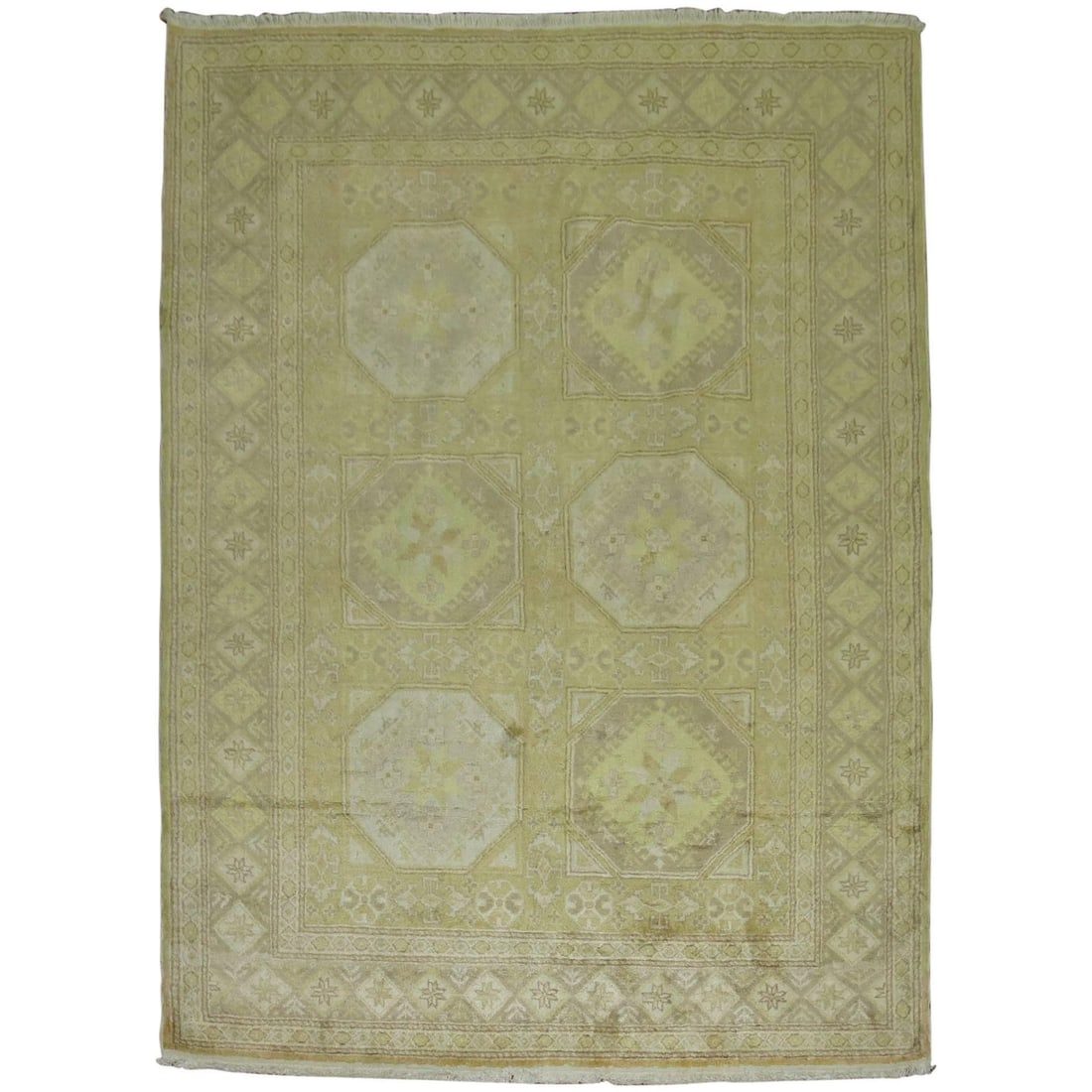 Hand Knotted Oushak Turkish Rug in Gold Tones 49 x 67 in: Hand Knotted Oushak Turkish Rug in Gold Tones 49 x 67 in This Turkish Kayseri rug from the 20th century features a luxurious silky sheen with warm gold and yellow tones. Crafted in the Oushak style, i