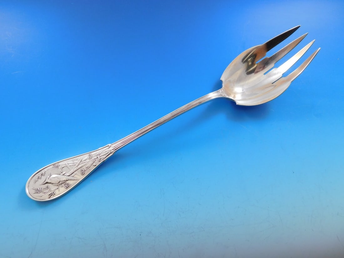 Tiffany & Co Japanese Pattern Sterling Silver Salad Serving Fork 10 1/8": Tiffany & Co Japanese Pattern Sterling Silver Salad Serving Fork 10 1/8" This elegant salad serving fork from Tiffany & Co. features the exquisite Japanese pattern, showcasing the brand's renowned cra