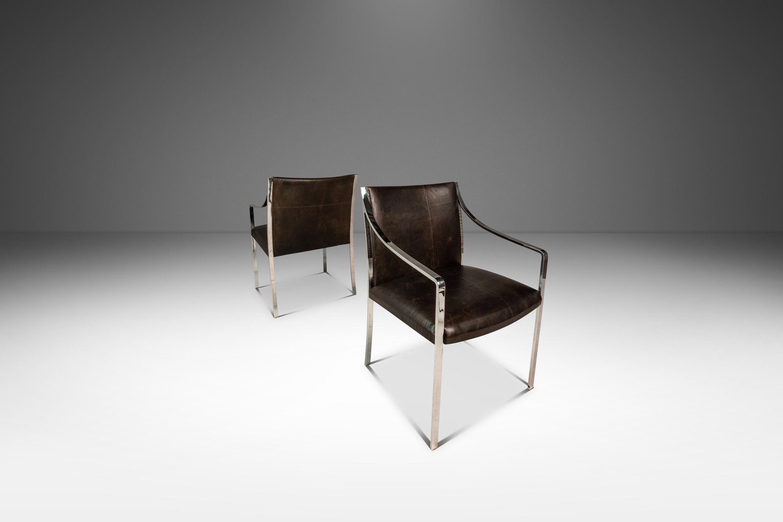 Mid-Century Modern Chrome Leather Accent Chairs by Bert England for Stow Davis Set of 2: Mid-Century Modern Chrome Leather Accent Chairs by Bert England for Stow Davis Set of 2 This exquisite set of two Mid-Century Modern office or accent chairs, designed by Bert England for Stow Davis in