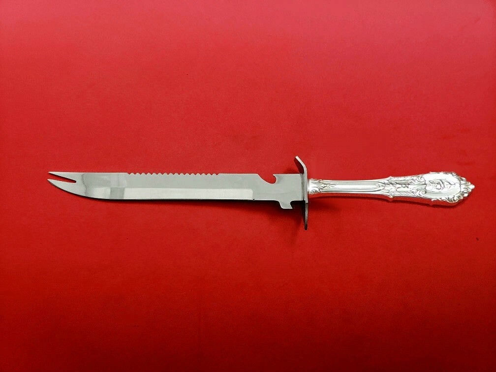 Wallace Rose Point Sterling Silver Ham Slice Knife 11 1/2" Custom: Wallace Rose Point Sterling Silver Ham Slice Knife 11 1/2" Custom Introducing the exquisite Rose Point ham slice knife by Wallace, crafted in sterling silver with a hollow handle. This custom-made pie