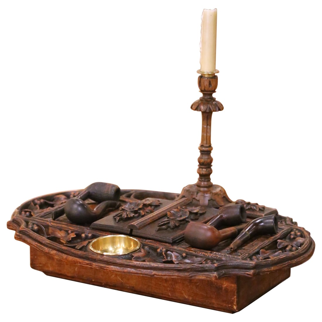 French Black Forest Carved Walnut Smoker's Desk Companion Set Circa 1870: French Black Forest Carved Walnut Smoker's Desk Companion Set Circa 1870 This mid-19th century French Black Forest smoker's desk set features a finely hand-carved walnut stand with detailed foliage, v