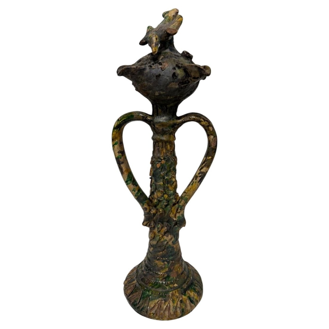 19th Century French Saintonge Terracotta Roof Ridge Finial with Bird: 19th Century French Saintonge Terracotta Roof Ridge Finial with Bird An antique French Saintonge glazed terracotta bird roof finial sculpture, best cataloged as an epi de faitage. It is modeled as a t