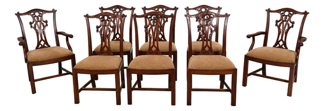 Set of Eight Chippendale Style Mahogany Dining Chairs by Henredon: Set of Eight Chippendale Style Mahogany Dining Chairs by Henredon This set includes eight Henredon dining room chairs crafted in the Chippendale style from mahogany wood. Featuring finely carved detai