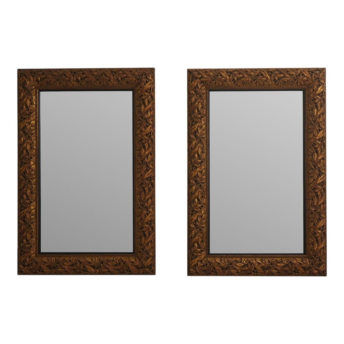 Silvano Grifoni Gold Frame Mirror Pair Beveled Glass: Silvano Grifoni Gold Frame Mirror Pair Beveled Glass This pair of Silvano Grifoni rectangular mirrors features intricately ornate gold frames and beveled glass, reflecting high-quality craftsmanship. 