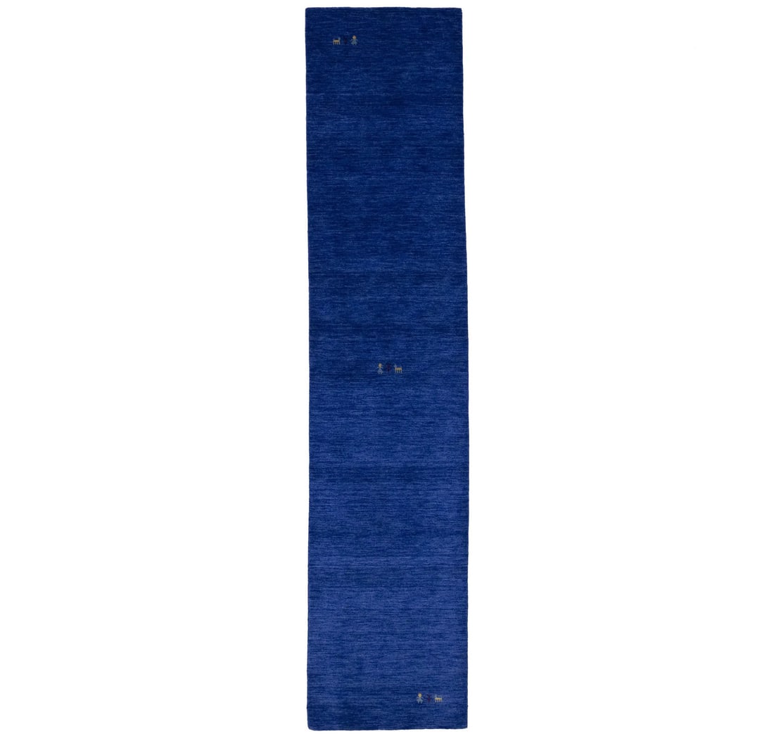 Hand Loomed Wool Gabbeh Runner 2'8 x 12'1 Royal Blue: Hand Loomed Wool Gabbeh Runner 2'8 x 12'1 Royal Blue Enhance your space with this stunning Royal Blue Gabbeh Runner Rug, perfect for modern and contemporary interiors. Measuring 2'8" x 12'1", this han