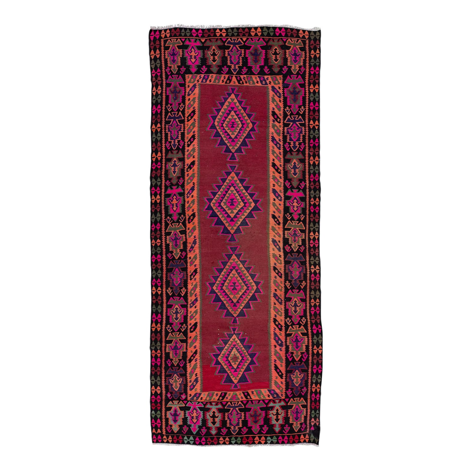 Vintage Kilim Handmade Wool Runner Red Tribal Motif 5'1 x 12'6: Vintage Kilim Handmade Wool Runner Red Tribal Motif 5'1 x 12'6 This stunning vintage kilim handmade wool runner features a vibrant red field adorned with an exquisite all-over tribal design. Accented 