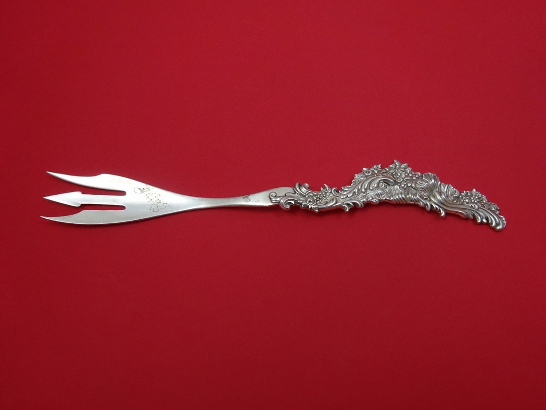 Shiebler Sterling Silver Monogrammed Serving Fork 3-Tine 10 5/8 Dated 1891: Shiebler Sterling Silver Monogrammed Serving Fork 3-Tine 10 5/8 Dated 1891 This exquisite Shiebler serving fork showcases a classic 3-tine design, crafted from high-quality sterling silver. Dated June