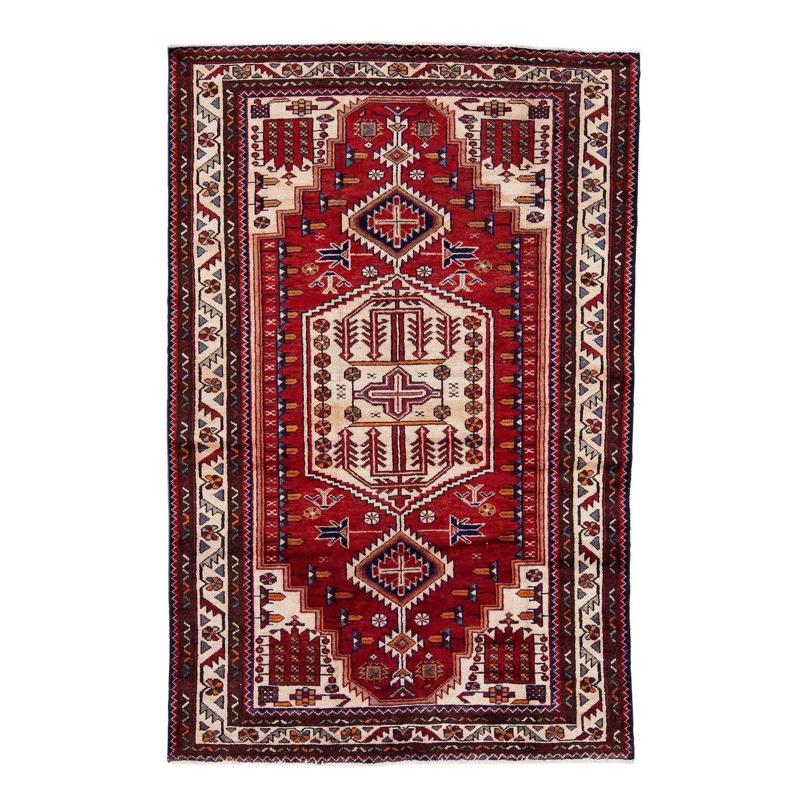 1960s Persian Hamadan Red Handmade Wool Runner Rug: 1960s Persian Hamadan Red Handmade Wool Runner Rug Discover a stunning vintage Persian Hamadan hand-knotted wool rug, featuring a vibrant red field and a beige frame adorned with multicolor geometric 