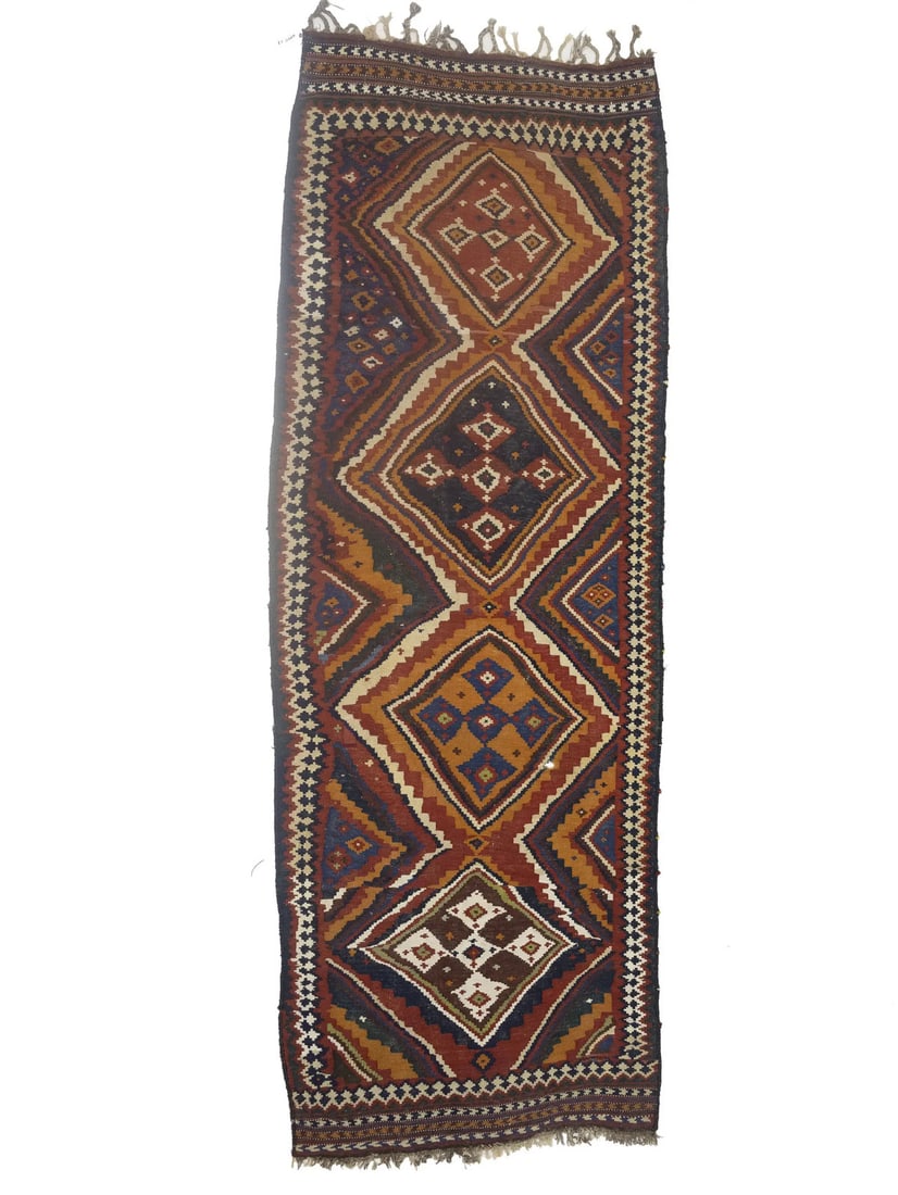Vintage Wool Tribal Design Hand-Woven Runner Rug 4'3 x 12'5 Red: Vintage Wool Tribal Design Hand-Woven Runner Rug 4'3 x 12'5 Red Enhance your space with this beautiful Wool Flat Weave Oriental Runner Rug, featuring a striking tribal design. Measuring 4'3" x 12'5", 