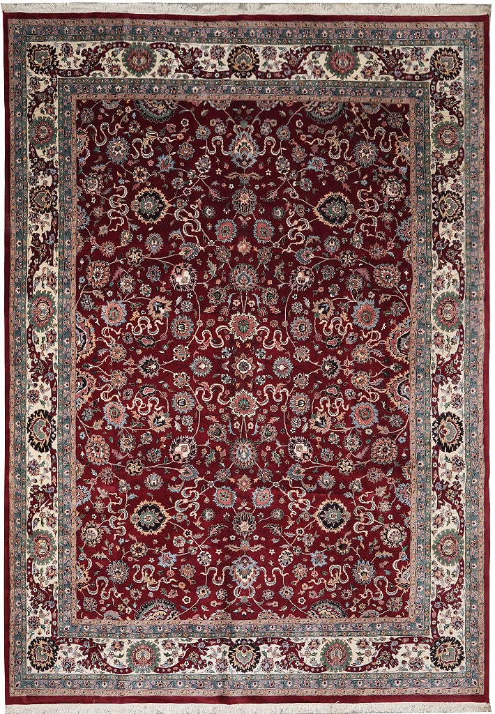 Handmade Jaipur Kashan Wool Rug 10.5 x 14.7 Red Ivory Blue Accents: Handmade Jaipur Kashan Wool Rug 10.5 x 14.7 Red Ivory Blue Accents Free continental US Shipping This hand-knotted Jaipur area rug features a vibrant red field with ivory, blue, green, black, and beige