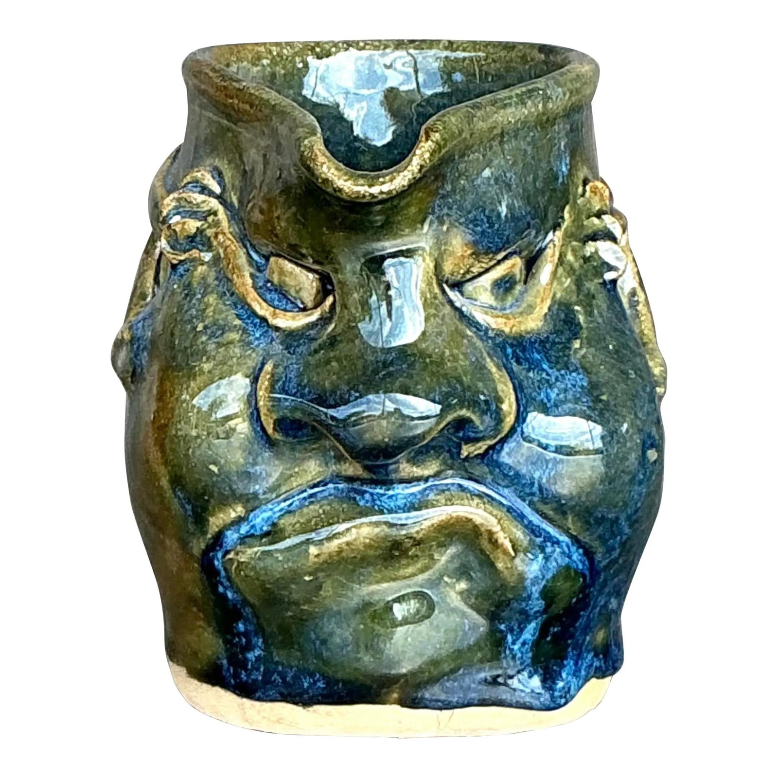 Unique Vintage Boho Studio Pottery Face Pitcher in Blue and Green: Unique Vintage Boho Studio Pottery Face Pitcher in Blue and Green This striking vintage studio pottery face pitcher is a unique blend of functionality and artistic expression. Handcrafted with a bold 