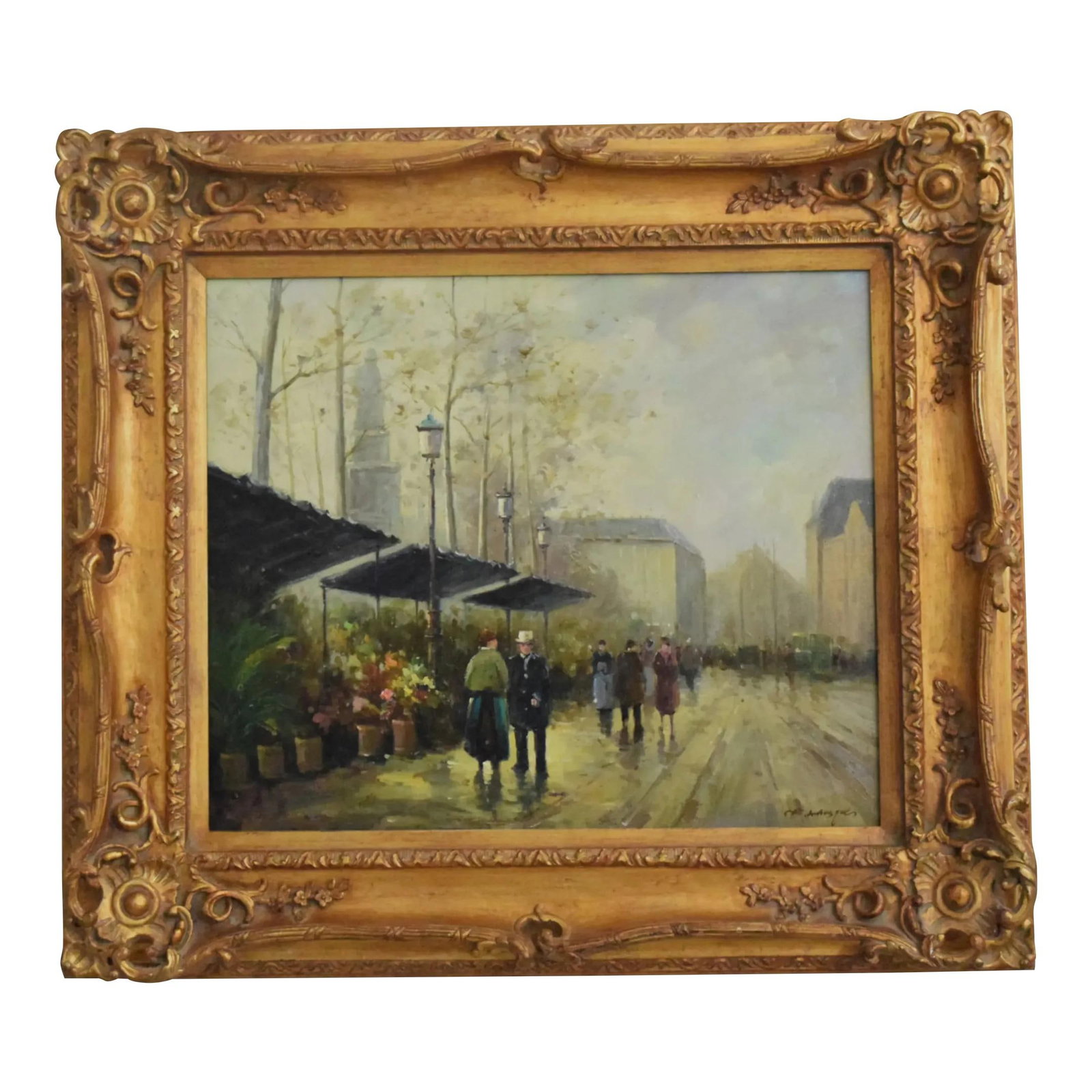 L. Mibasques Signed European Street Scene Oil Painting Gold Frame 34x35: L. Mibasques Signed European Street Scene Oil Painting Gold Frame 34x35 This exquisite European Street Scene Oil Painting on Canvas showcases the artistry of L. Mibasques. The painting is approximatel