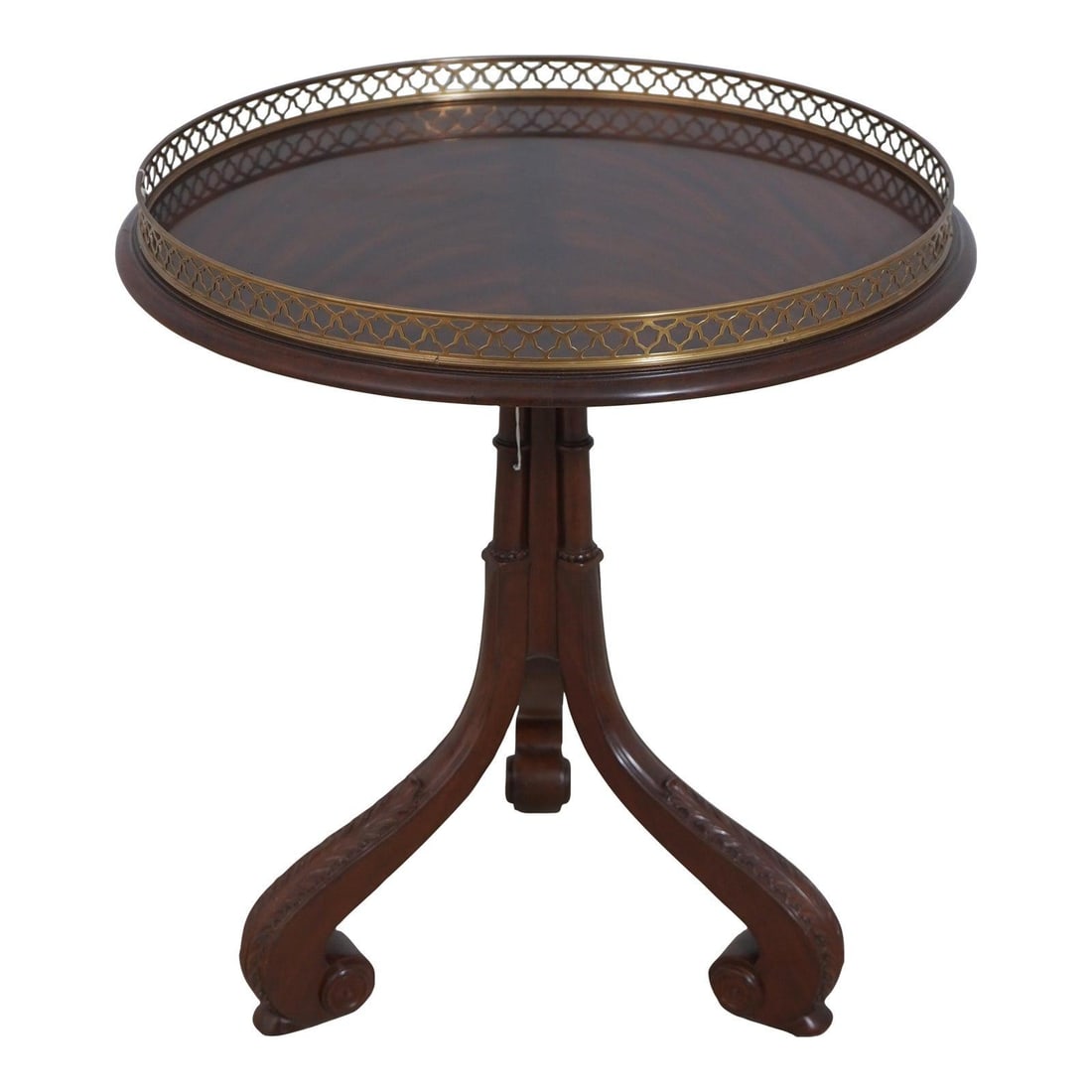 Scarborough House Mahogany Pedestal Lamp Table with Brass Gallery: Scarborough House Mahogany Pedestal Lamp Table with Brass Gallery This exquisite Scarborough House Round Mahogany Pedestal Lamp Table features a high-quality construction with a stunning figural mahog