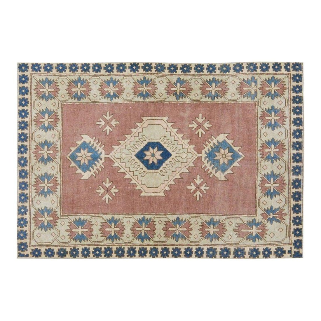 Hand-Knotted Wool Anatolian Rug in Rose 4'1" x 6' Vintage Turkish Style: Hand-Knotted Wool Anatolian Rug in Rose 4'1" x 6' Vintage Turkish Style This vintage Turkish Anatolian rug is hand-knotted from wool using traditional techniques, showcasing a blend of classic artistr