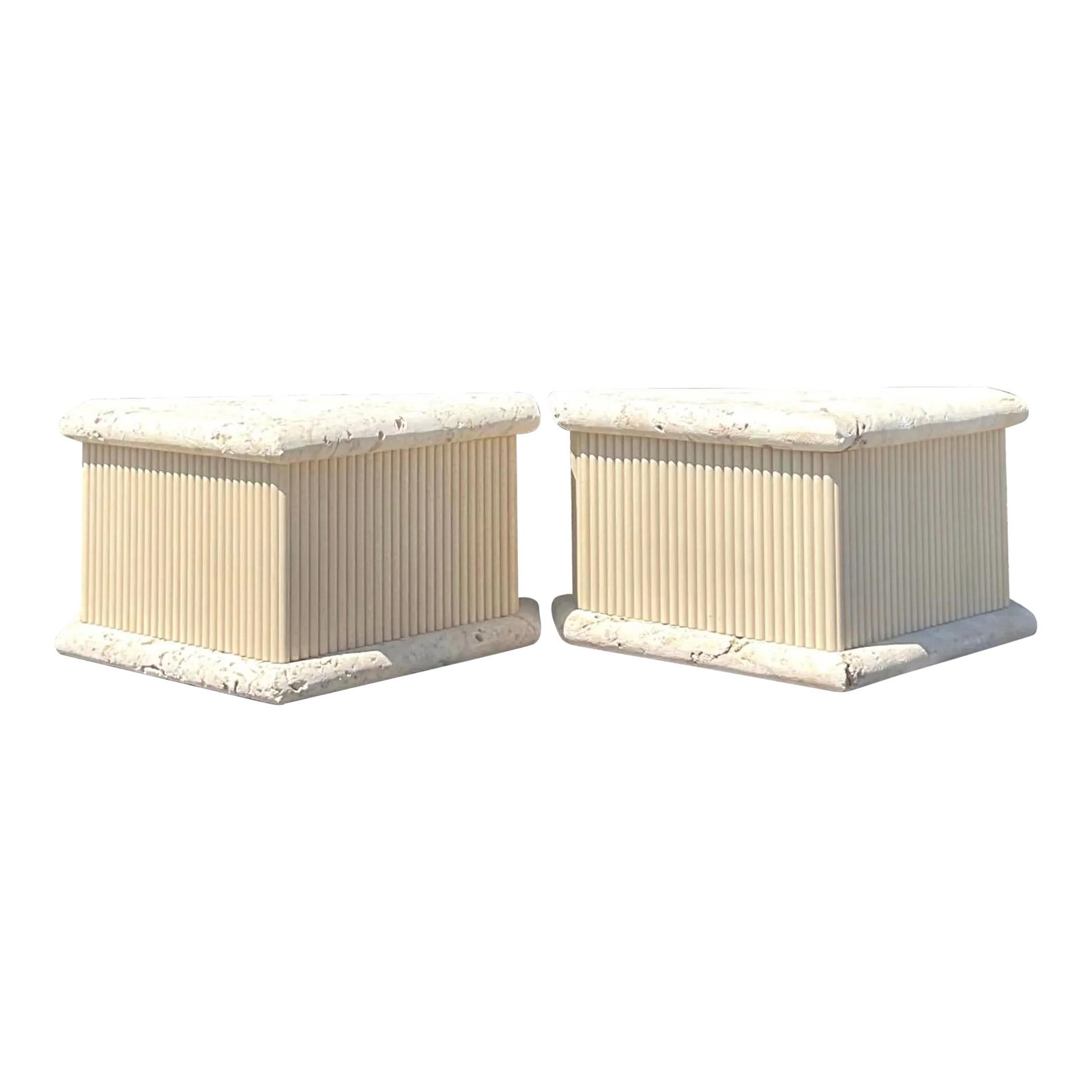 Pair of Vintage Coquina Stone Side Tables Coastal Charm: Pair of Vintage Coquina Stone Side Tables Coastal Charm Introduce a touch of coastal charm to your home with this pair of vintage Coquina stone side tables. Showcasing the natural textures and rugged 