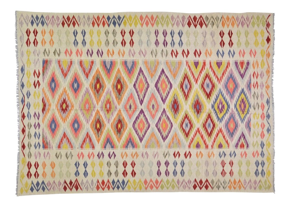 Vintage Maimana Kilim Rug Afghan Tribal Organic Wool Geometric 6'x8'3": Vintage Maimana Kilim Rug Afghan Tribal Organic Wool Geometric 6'x8'3" This vintage Afghan Maimana tribal kilim is handwoven using organic wool and features natural colors with a geometric pattern. Th