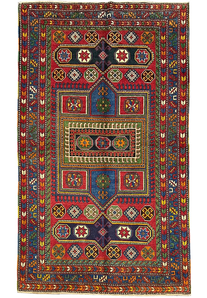 4.4 x 7.1 Handwoven Antique Caucasian Area Rug Kazak Design: 4.4 x 7.1 Handwoven Antique Caucasian Area Rug Kazak Design Free continental US Shipping Discover the beauty of the 4' x 7' Antique Caucasian Rug, a remarkable piece that showcases traditional craftsm