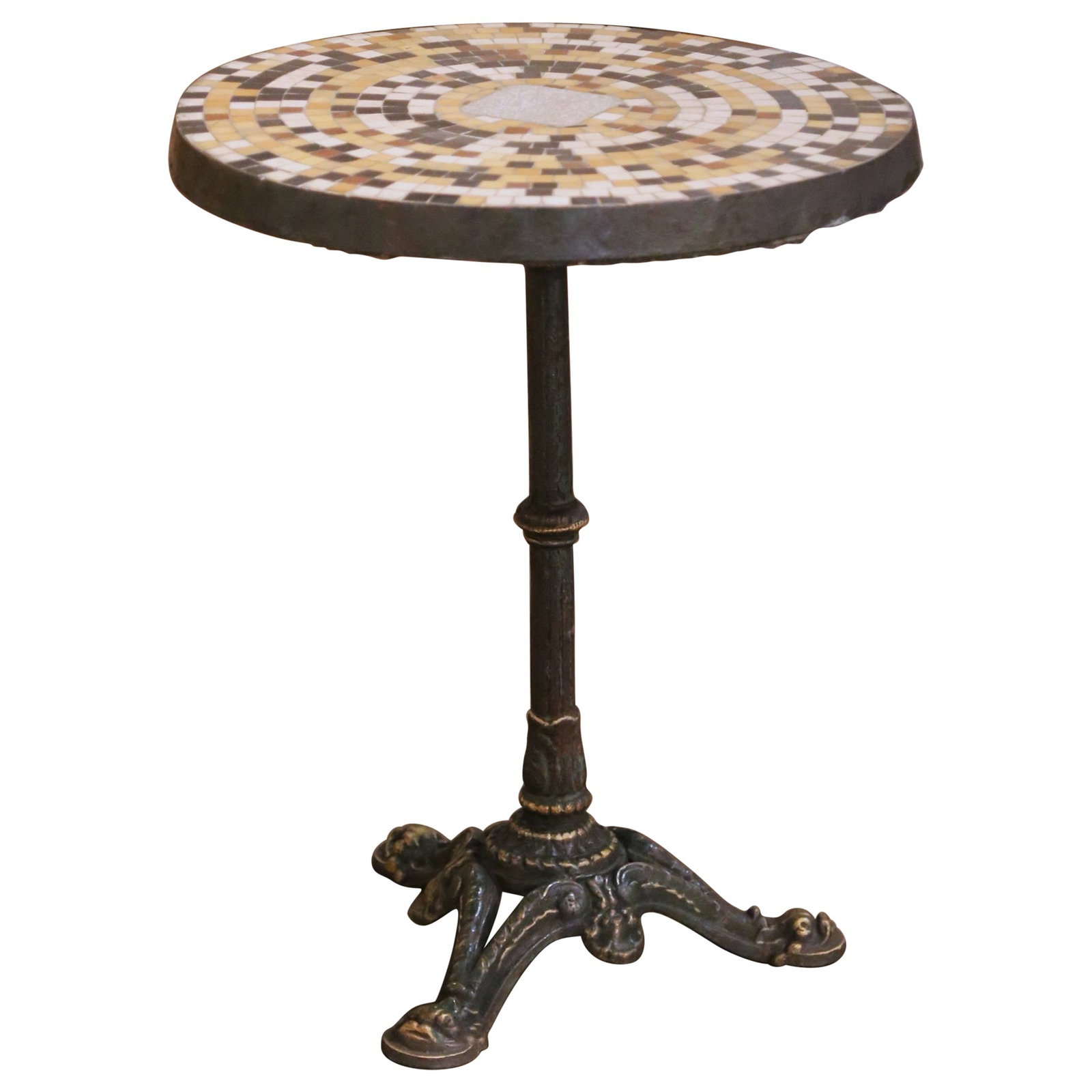 Louis Philippe French Mosaic Marble Gueridon Table with Ornate Iron Pedestal circa 1850: Louis Philippe French Mosaic Marble Gueridon Table with Ornate Iron Pedestal circa 1850 This mid-19th century French Louis Philippe gueridon table features a circular marble and stone mosaic top set i