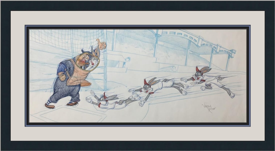 Bugs Bunny Umpire Original Signed Model Sheet by Virgil Ross Custom Framed: Bugs Bunny Umpire Original Signed Model Sheet by Virgil Ross Custom Framed This original model sheet drawing features the beloved character Bugs Bunny as an umpire in a baseball scene, beautifully ill
