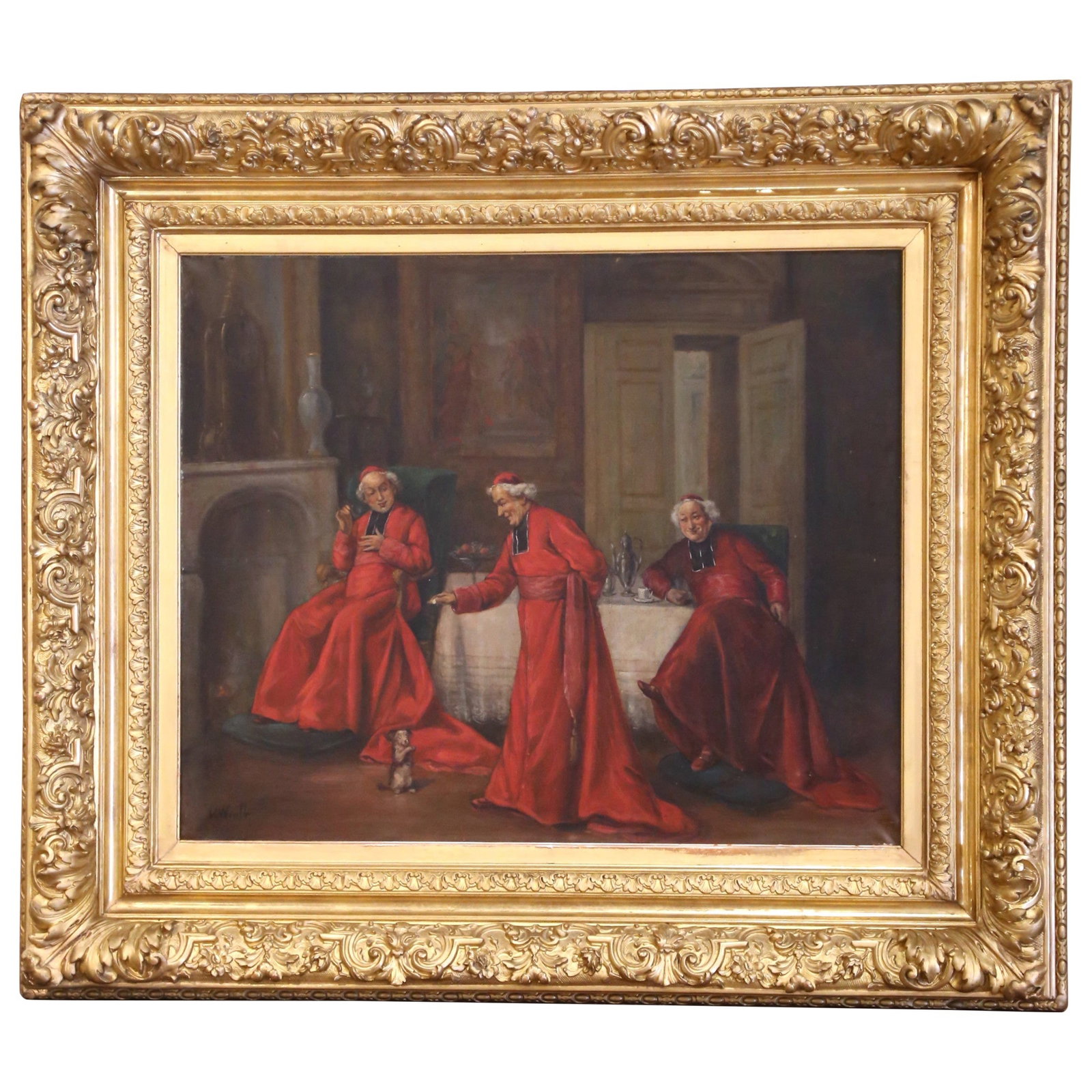 19th Century French Oil Painting of Cardinals in Giltwood Frame Signed L Wimpf: 19th Century French Oil Painting of Cardinals in Giltwood Frame Signed L Wimpf This stunning 19th Century French oil on canvas painting captures a lively scene featuring three Catholic cardinals engag