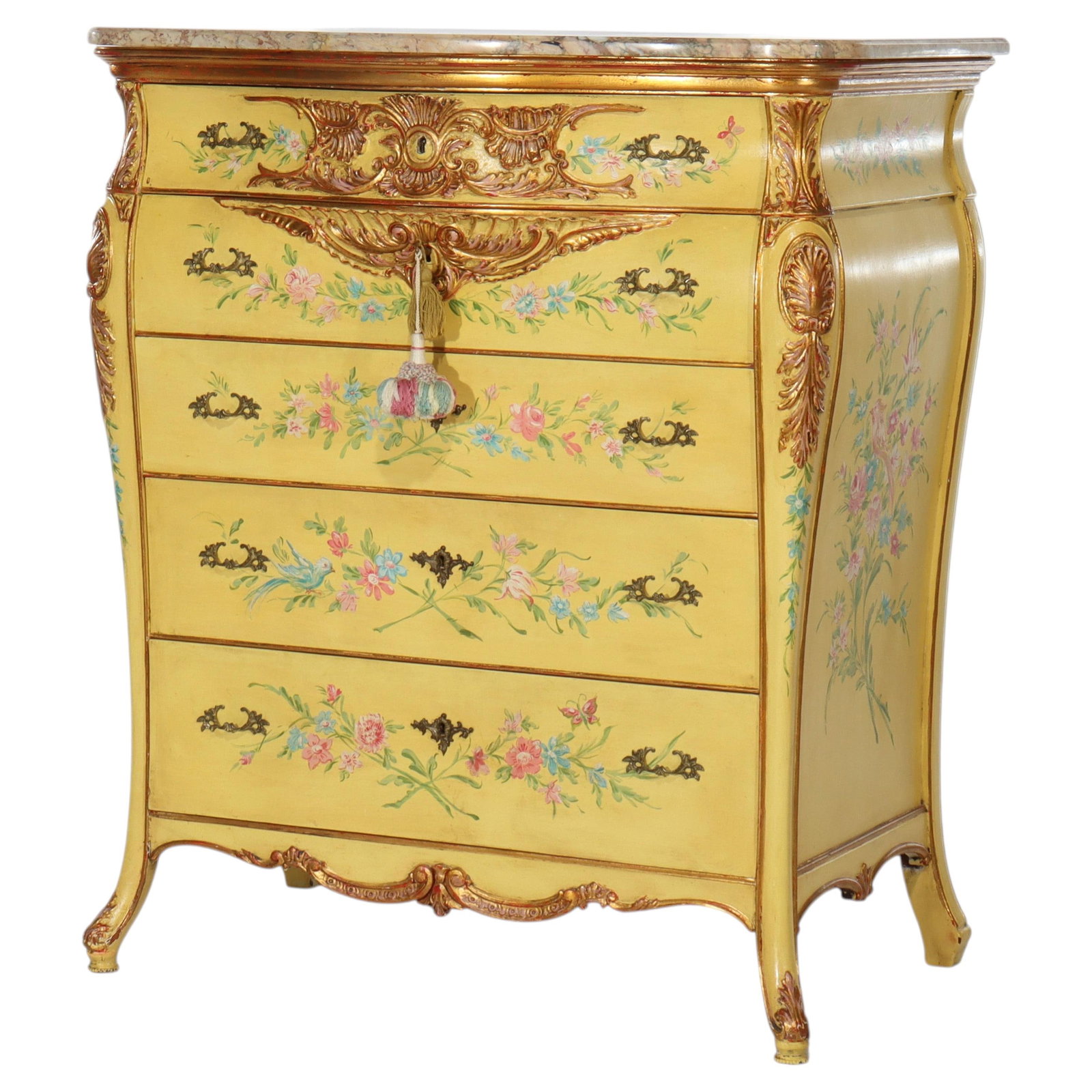 Venetian Polychrome Marble Top Dresser Signed Niccolini With Gilt Floral Motifs Circa 1930: Venetian Polychrome Marble Top Dresser Signed Niccolini With Gilt Floral Motifs Circa 1930 This Venetian polychromed dresser from circa 1930 features five drawers and a luxurious marble top. The piece