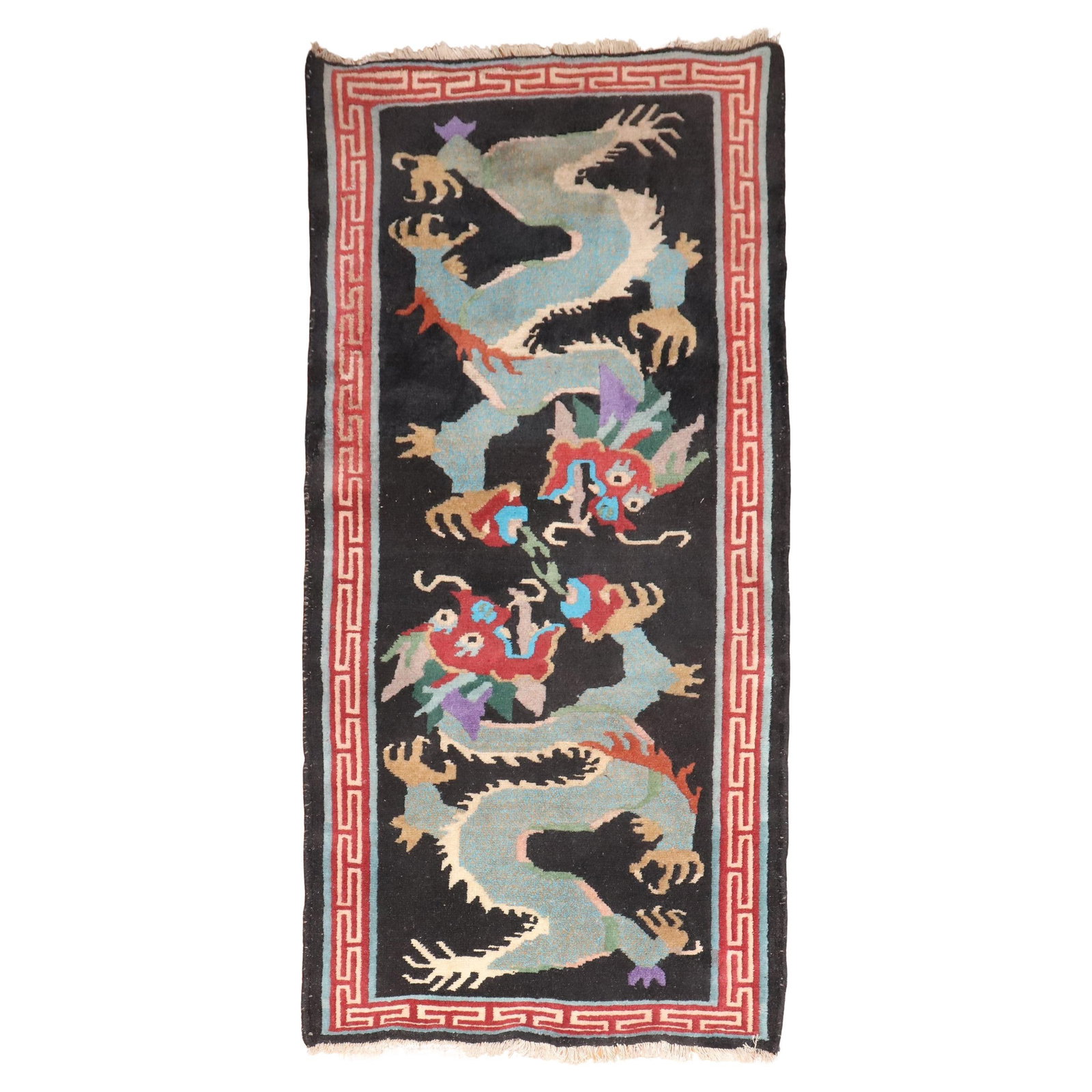 Tang Style Wool Tibetan Runner with Dragon Design 3' x 6' 3": Tang Style Wool Tibetan Runner with Dragon Design 3' x 6' 3" This vintage Tibetan runner rug from the late 20th century features a striking dragon motif, crafted in the Tang style. Hand-woven from woo