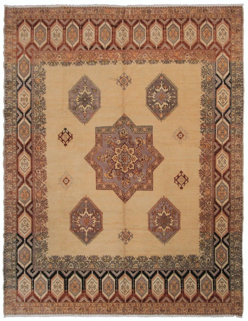 Vintage Oushak Wool Area Rug Beige Blue Ikat 9'6 x 12'2: Vintage Oushak Wool Area Rug Beige Blue Ikat 9'6 x 12'2 This vintage handmade Turkish Oushak area rug features a striking geometric and ikat design in a soft, neutral color palette. Crafted from 100% 