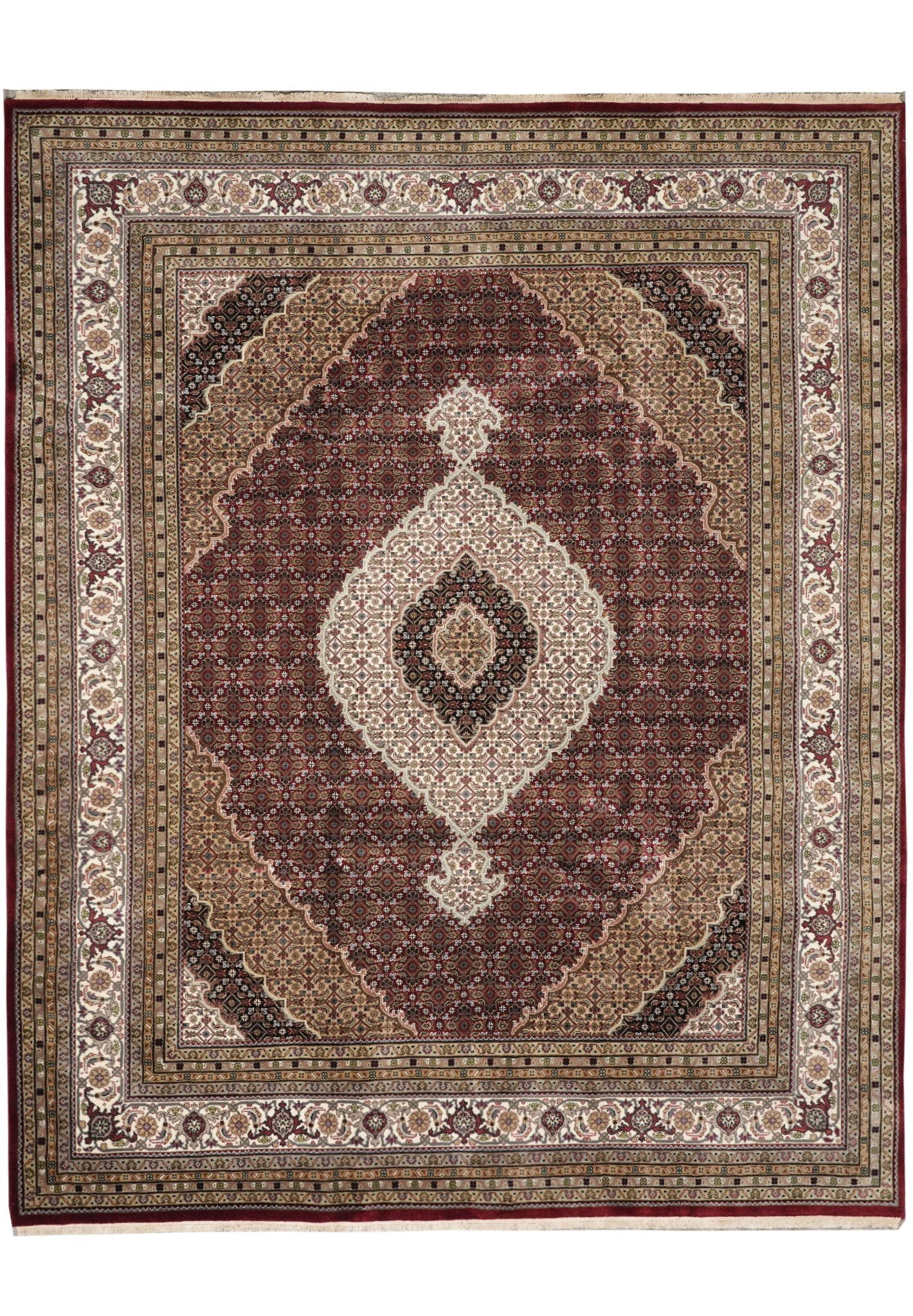 8 x 10 Handmade Wool Silk Tabriz Mahi Herati Persian Rug Ruby Red: 8 x 10 Handmade Wool Silk Tabriz Mahi Herati Persian Rug Ruby Red Free continental US Shipping This 8 x 10 handmade rug is crafted in the traditional Tabriz style, featuring the classic Mahi (Herati) 