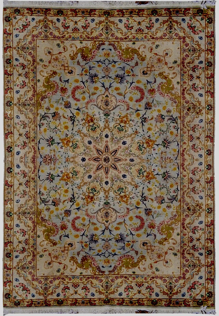 6' x 10' Light Blue Persian Tabriz Rug Wool Silk Hand-Knotted: 6' x 10' Light Blue Persian Tabriz Rug Wool Silk Hand-Knotted Free continental US Shipping Introducing the exquisite 6' x 10' Light Blue Fine Persian Tabriz Rug, a true masterpiece that combines excep