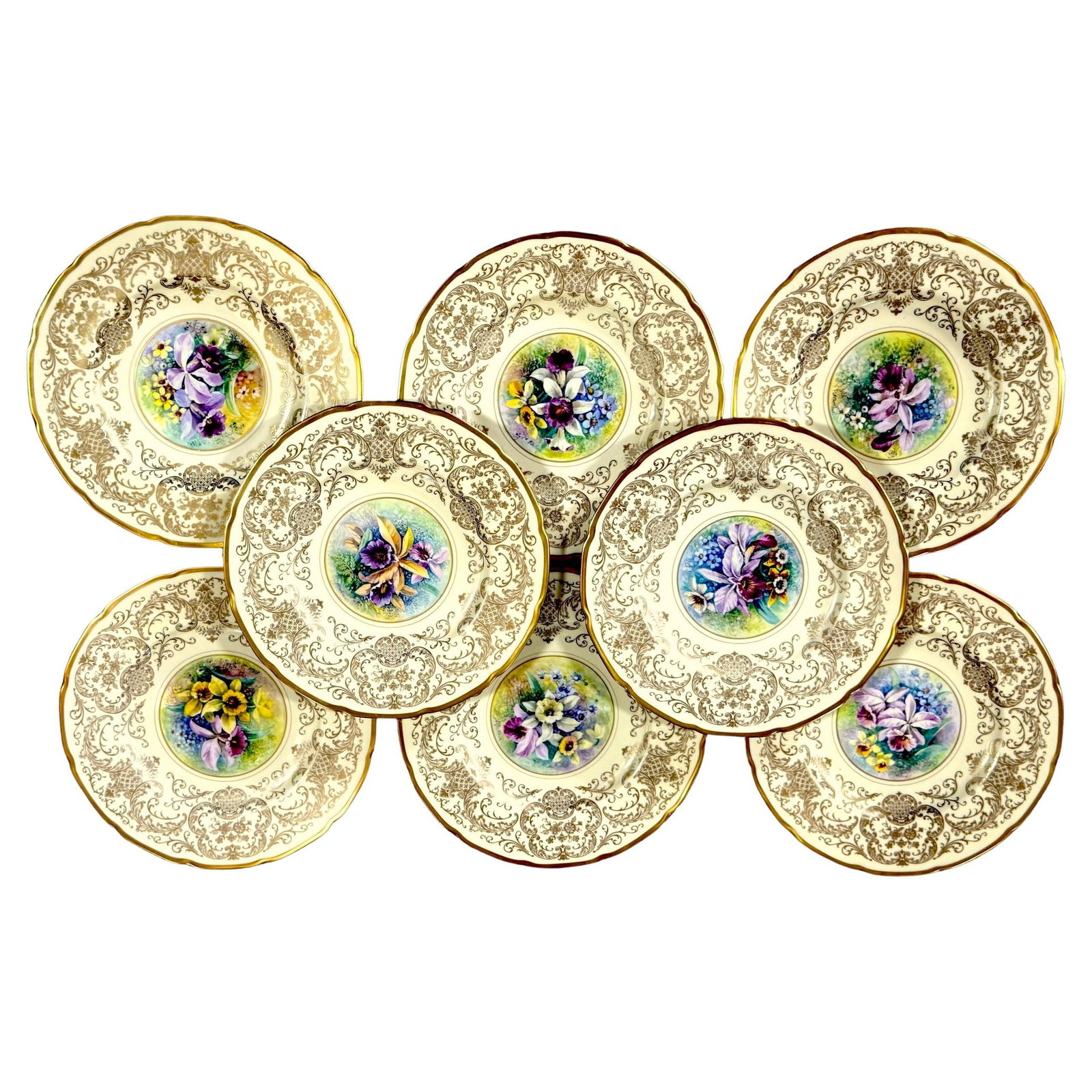 Set of 8 Pickard Orchid Conservatory Plates Signed by E Challinor: Set of 8 Pickard Orchid Conservatory Plates Signed by E Challinor This set includes eight hand-painted porcelain service plates from Pickard Studios, each featuring a unique orchid botanical compositi