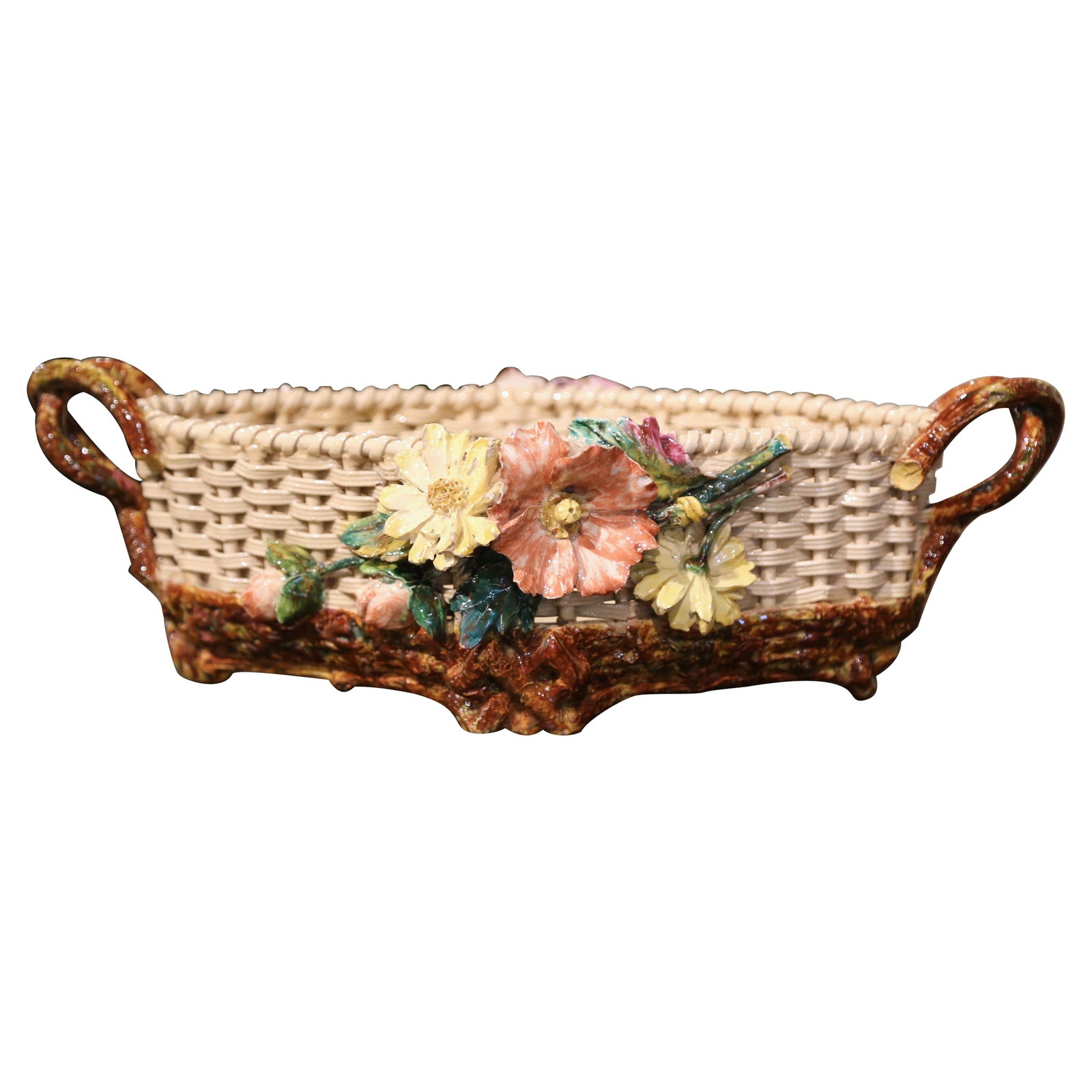 Mid-19th Century French Majolica Jardiniere with Floral Design: Mid-19th Century French Majolica Jardiniere with Floral Design Enhance your home decor with this exquisite 19th Century French Painted Porcelain Barbotine Jardiniere, beautifully crafted around 1870. 