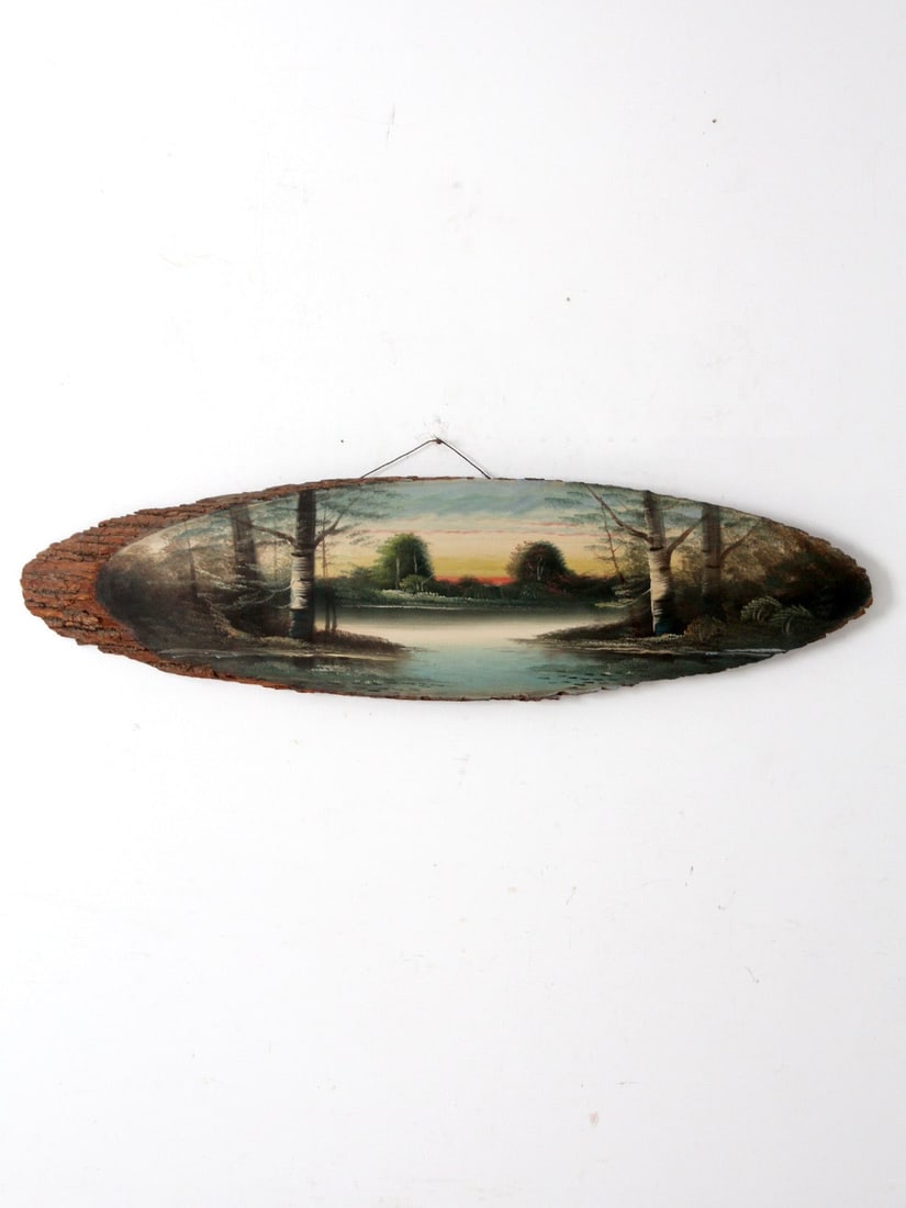 Lakeside Dusk Scene Painted on Bark Edge Wood Slab Art (1 of 11)