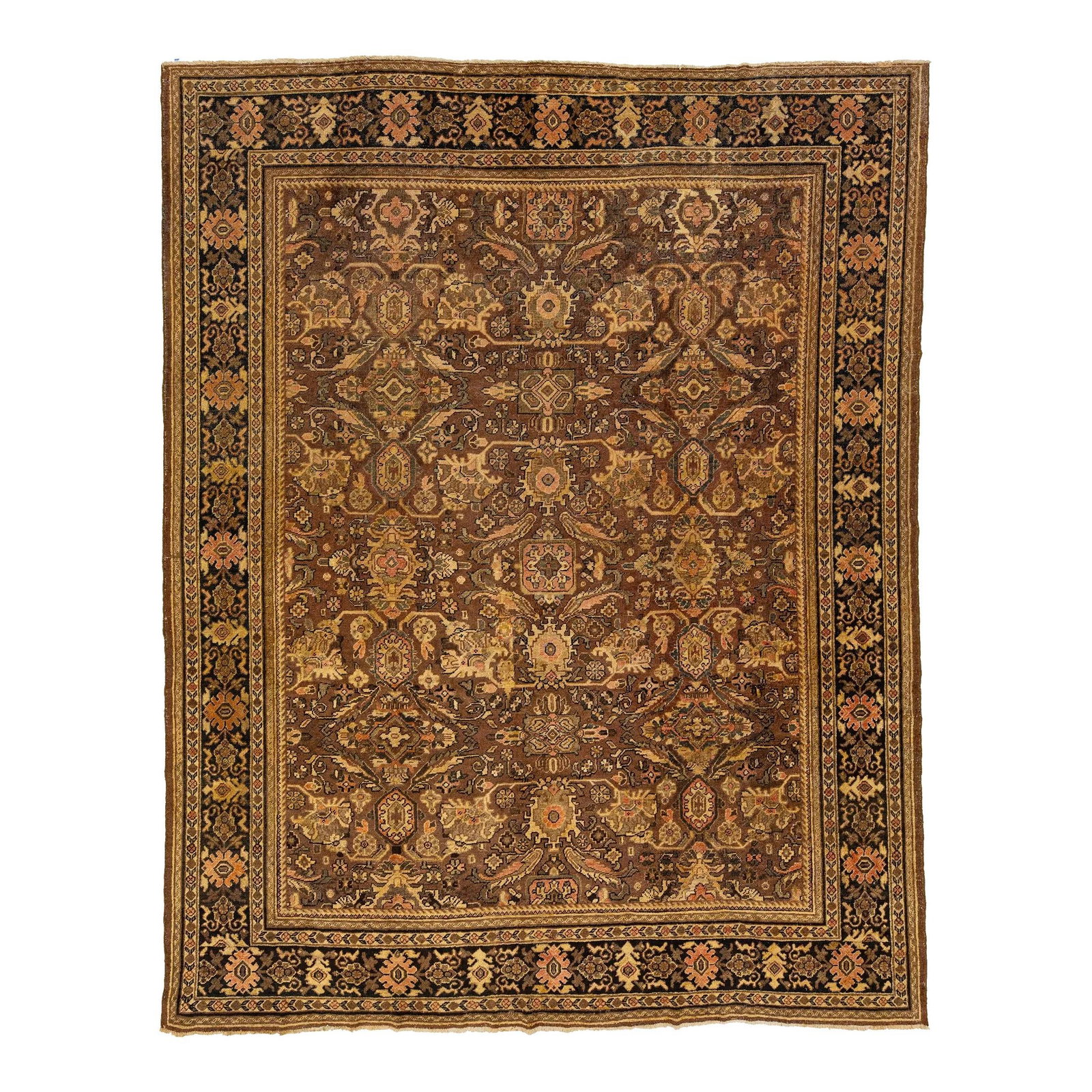 Vintage Mahal Handmade Persian Wool Rug 10'7 x 13'7 Brown Floral Design: Vintage Mahal Handmade Persian Wool Rug 10'7 x 13'7 Brown Floral Design This exquisite 20th Century Vintage Mahal handmade Persian wool rug features a stunning allover floral motif rendered in a rich 