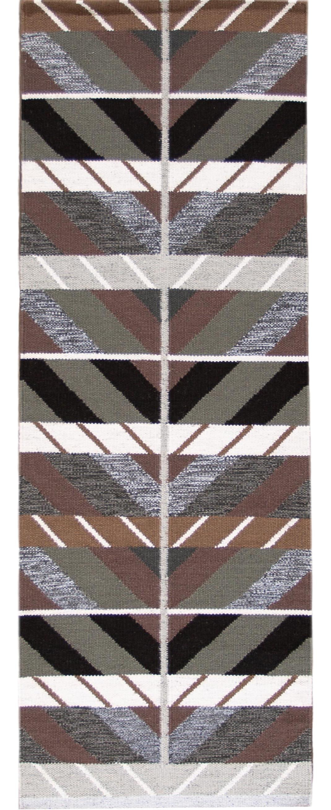 Modern Swedish Style Wool Runner Rug 3'1 x 8'2 Geometric Design: Modern Swedish Style Wool Runner Rug 3'1 x 8'2 Geometric Design Enhance your home with this stunning 21st Century Modern Swedish Style Runner Rug. Hand-knotted from high-quality wool, it features a so