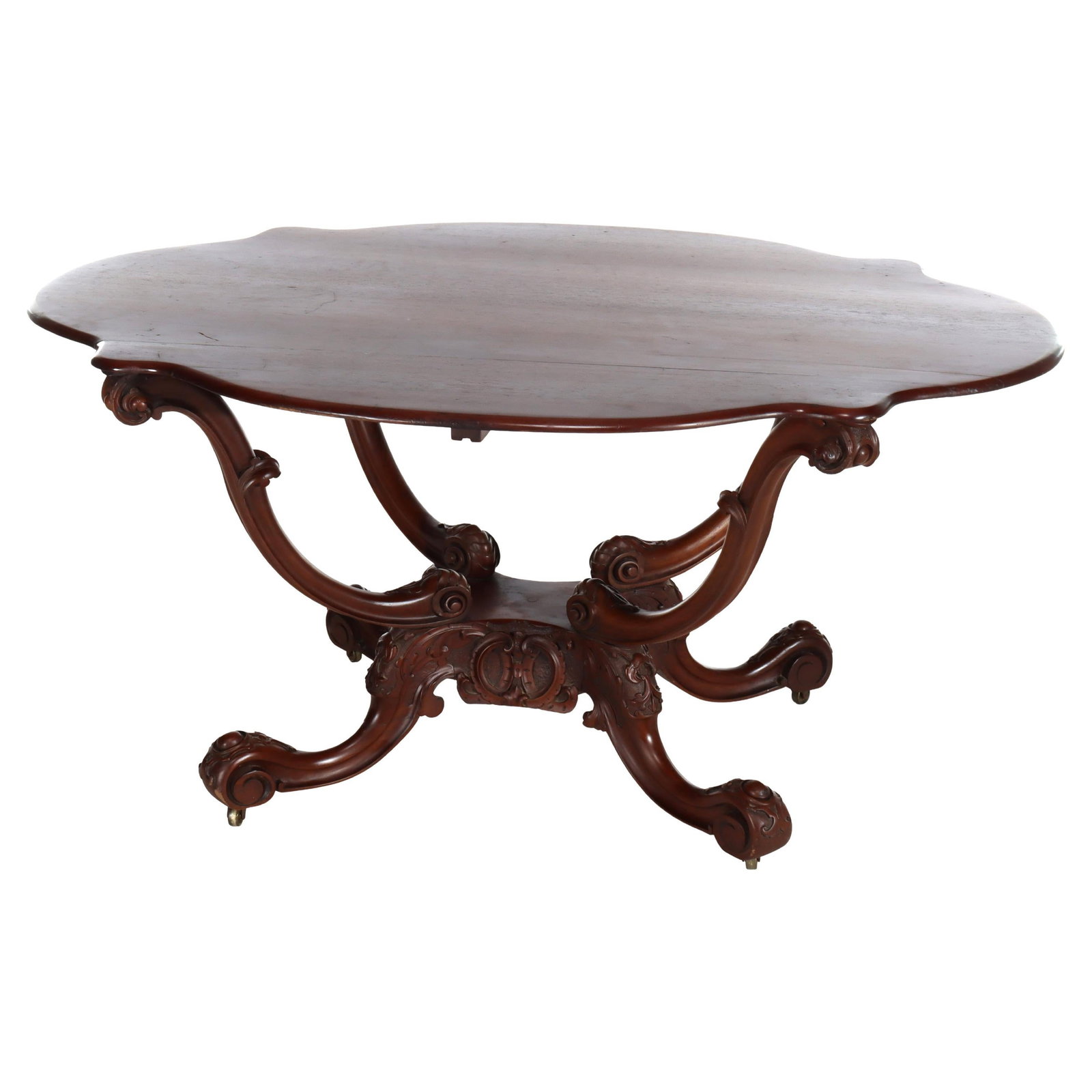 Rococo Style Mahogany Center Table with Turtle Top Circa 1890: Rococo Style Mahogany Center Table with Turtle Top Circa 1890 This antique Rococo center table, dating to circa 1890, features a carved mahogany base adorned with intricate scrollwork and a distinctiv