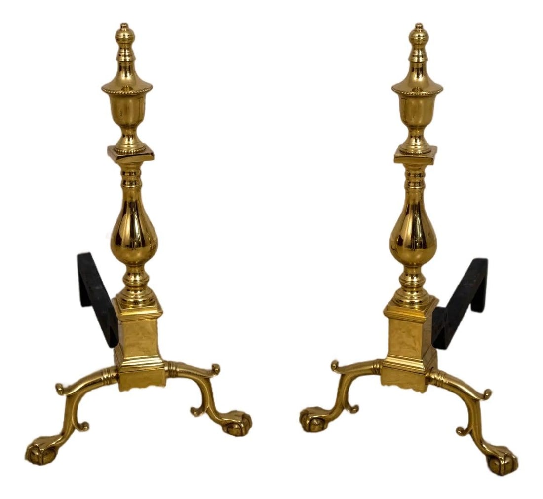 Virginia Metalcrafters Brass Fireplace Andirons Pair: Virginia Metalcrafters Brass Fireplace Andirons Pair This pair of Virginia Metalcrafters Colonial Williamsburg fireplace andirons features a traditional Chippendale style with ball and claw feet. Expe