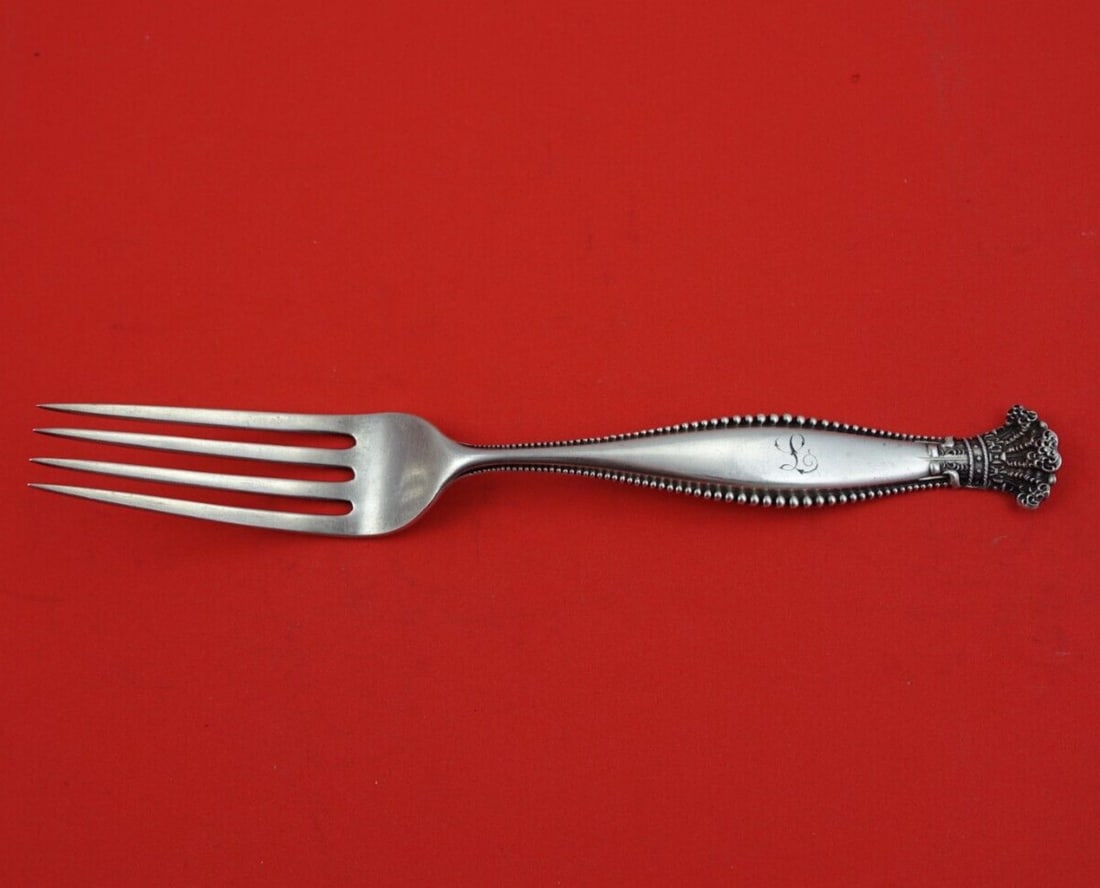 Shiebler Sandringham Sterling Silver Dinner Fork Monogrammed 8 1/4": Shiebler Sandringham Sterling Silver Dinner Fork Monogrammed 8 1/4" Experience timeless elegance with this Sandringham dinner fork by Shiebler, crafted from high-quality sterling silver. Measuring 8 1
