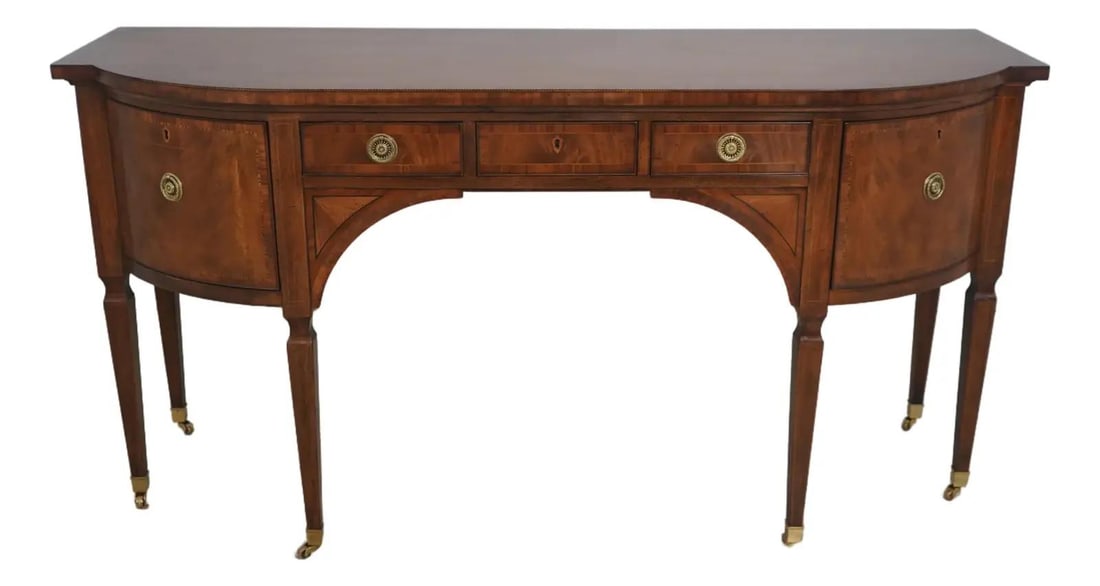 Mahogany Sideboard with Inlay from Stately Homes Collection by Baker: Mahogany Sideboard with Inlay from Stately Homes Collection by Baker This Baker Stately Homes sideboard from the 1990s features finely inlaid mahogany in a classic Sheraton and traditional style. The 
