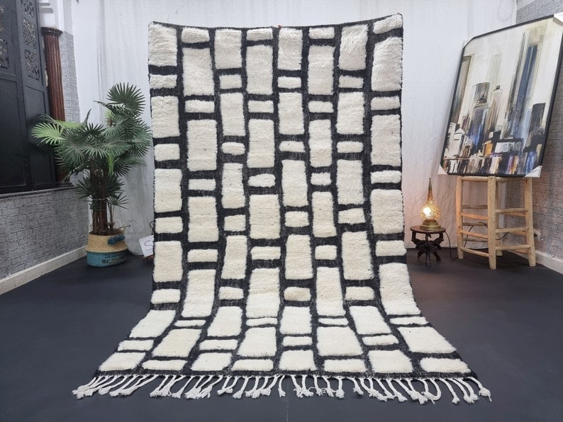 Authentic Handmade Moroccan Berber Wool Rug White Black 10 x 5 Feet: Authentic Handmade Moroccan Berber Wool Rug White Black 10 x 5 Feet Introducing a stunning authentic white and black handmade Moroccan Berber wool rug, elegantly crafted by skilled local Berber women 
