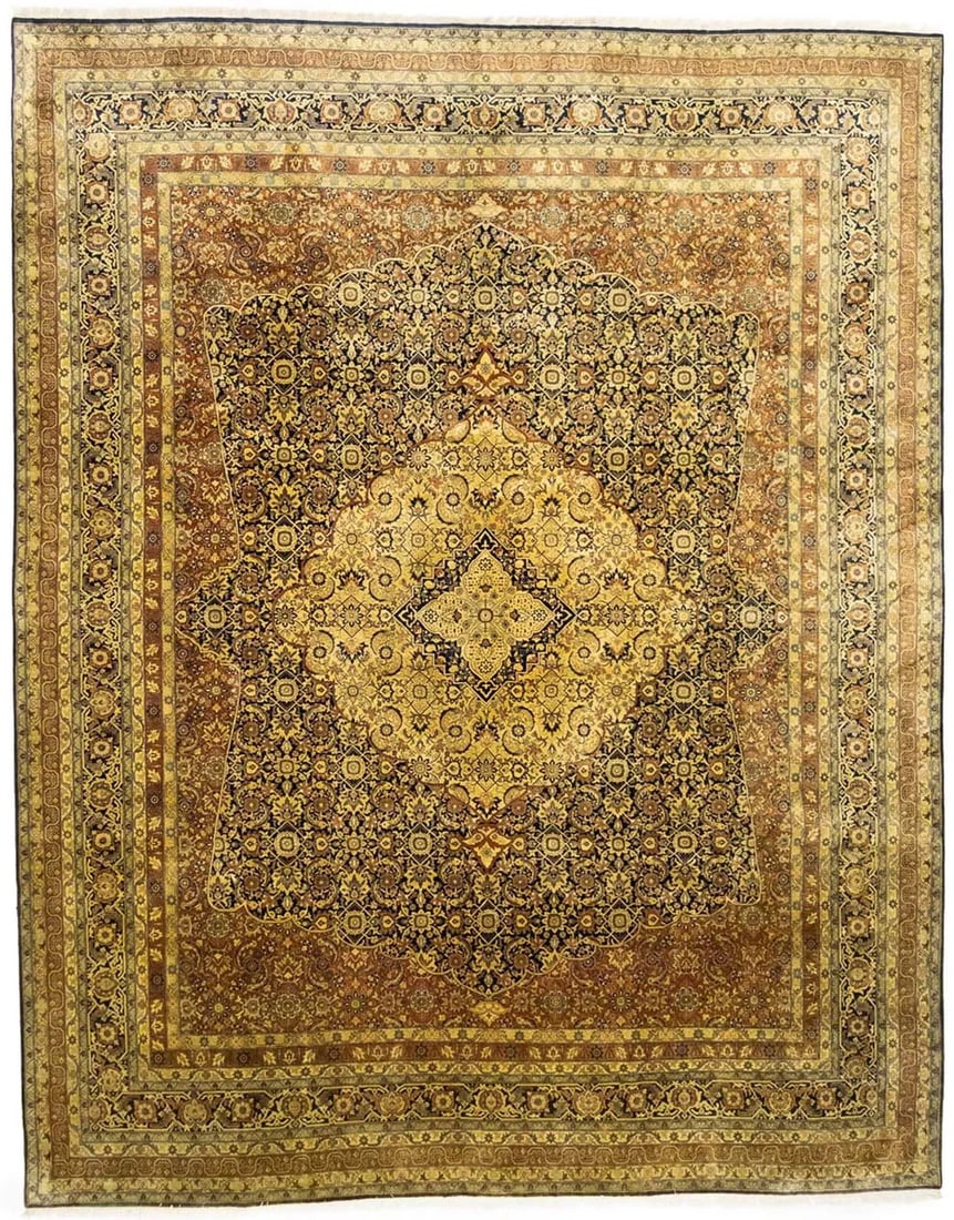 Hand-Knotted Wool Floral Area Rug 11'8 x 14'7 Vintage Agra Jaipur Style: Hand-Knotted Wool Floral Area Rug 11'8 x 14'7 Vintage Agra Jaipur Style Handmade in India, this vintage Agra Jaipur oriental rug features a traditional floral design in shades of charcoal, gold, brown